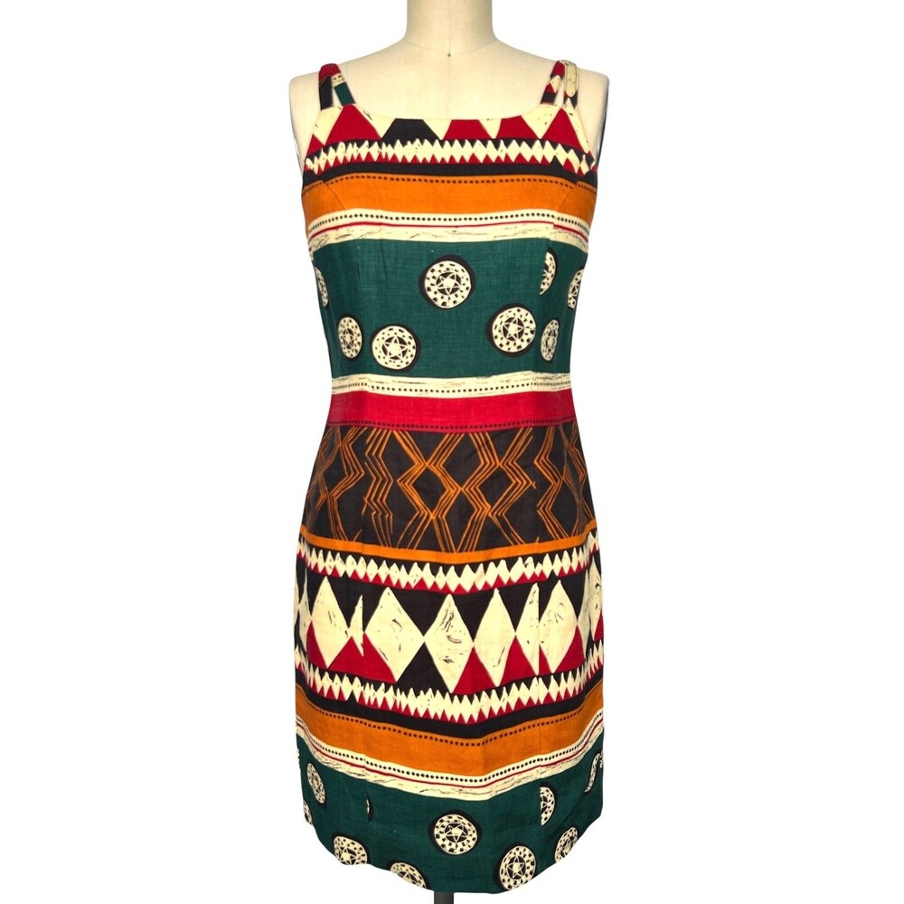VTG 90s Y2K Andrea Jovine Linen Mini Dress Petite Ethnic Print Shift Dress 4 S